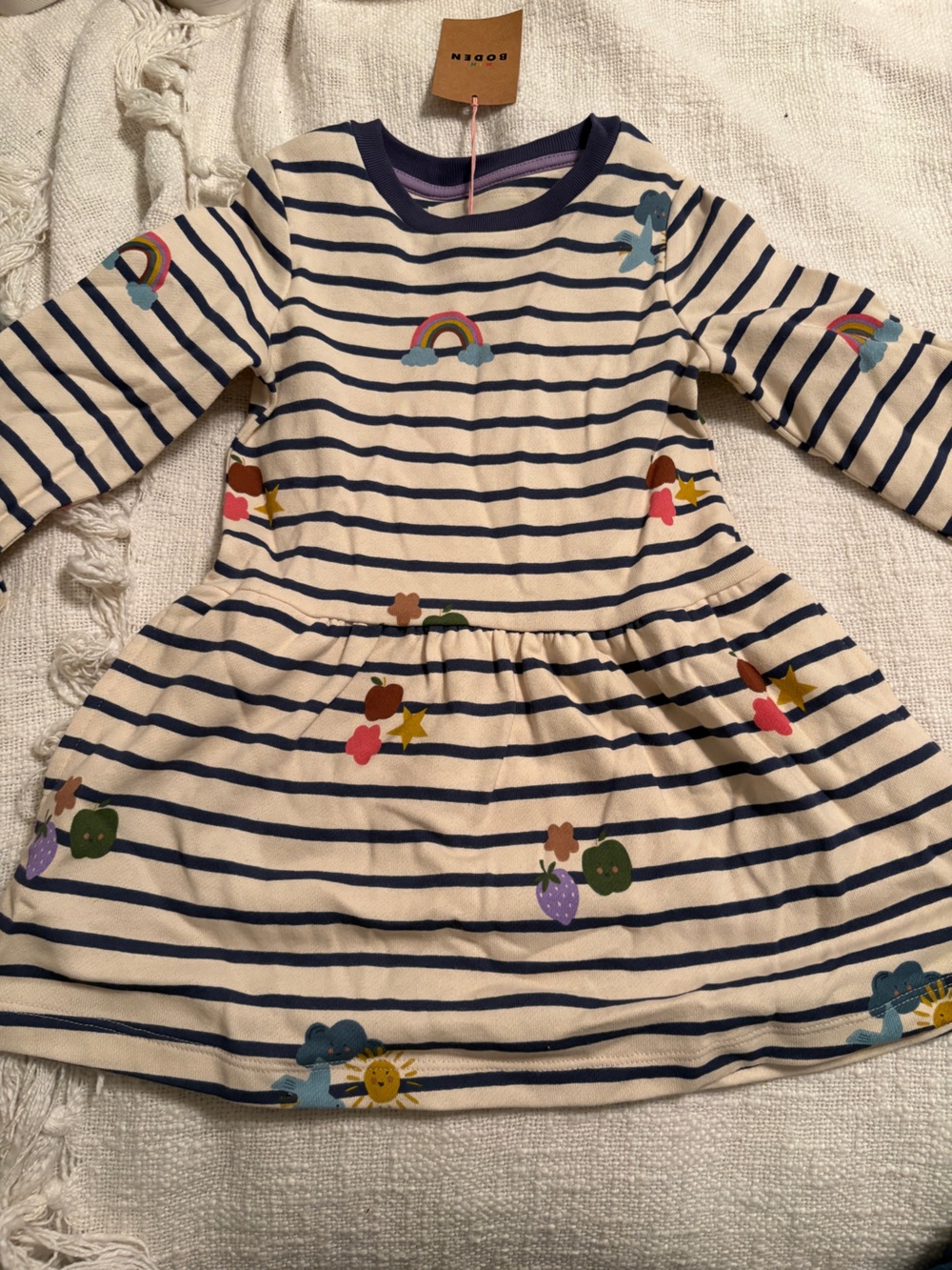 Mini Boden Girl’s Striped Navy & Cream sweatshirt dress size 2-3 NWT